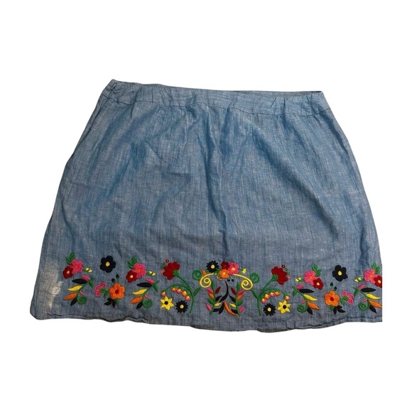 Talbots Plus Petite 20WP Blue Linen Cotton Floral Embroidered Skirt - Picture 2 of 10